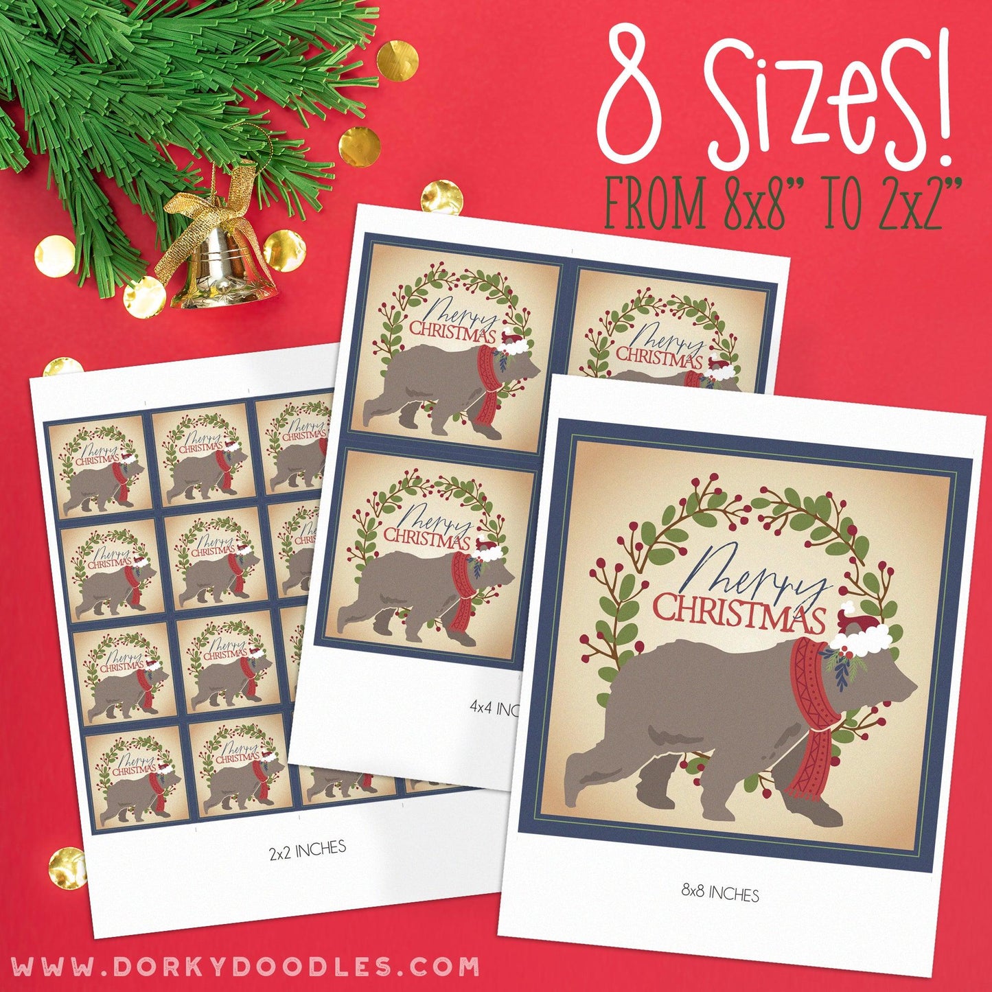 Farmhouse Christmas Bear Labels for Mini Pizza Box and Gifts - Printables - Dorky Doodles