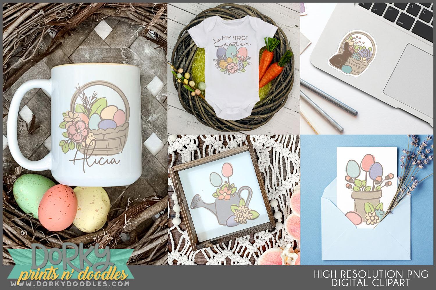 Floral Easter Baskets and Eggs Spring Clipart - Dorky Doodles
