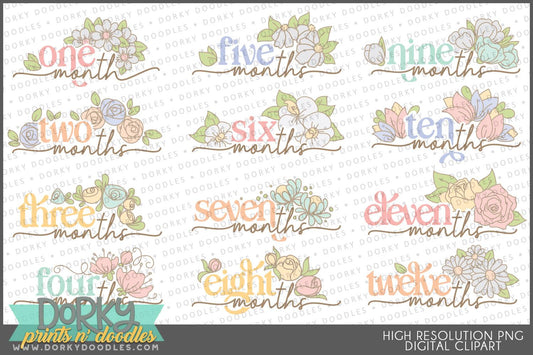 Floral Monthly Milestone Babies Clipart - Dorky Doodles