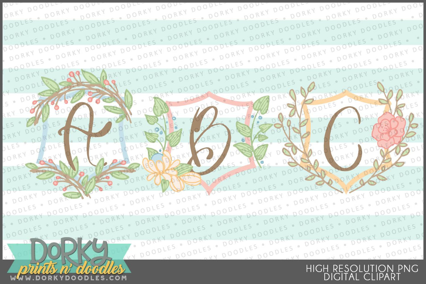 Floral Shield Alphabet Clipart - Dorky Doodles
