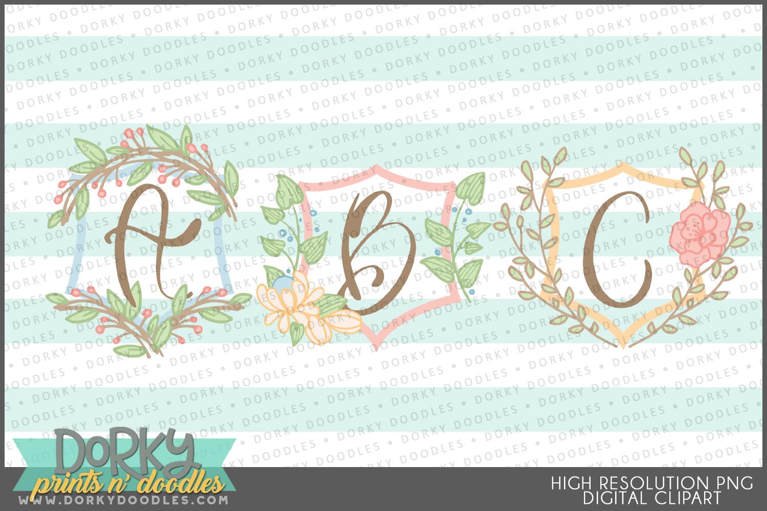 Floral Shield Alphabet Clipart - Dorky Doodles