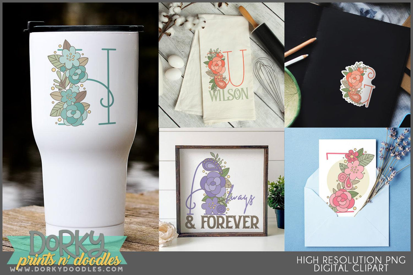 Floral Sides Alphabet Clipart