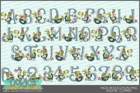 Folkart Chicken Alphabet Clipart - Dorky Doodles