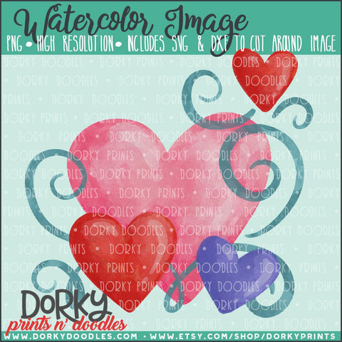 Hearts and Swirls Valentine's Day Watercolor PNG