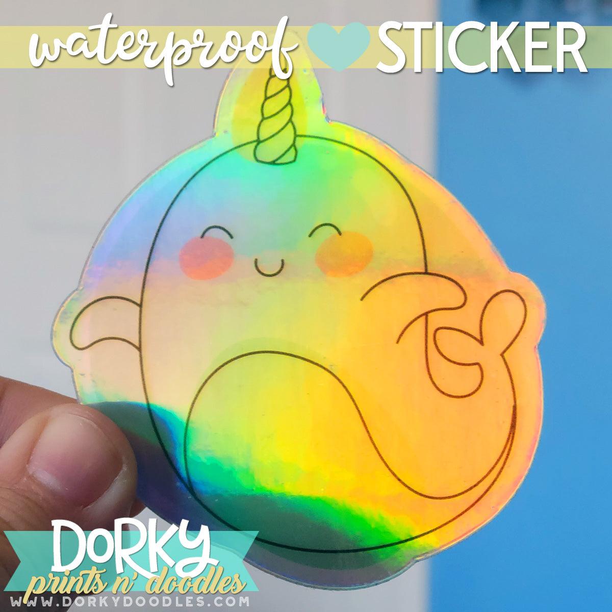 Holographic Narwhal Large Waterproof Sticker - Dorky Doodles