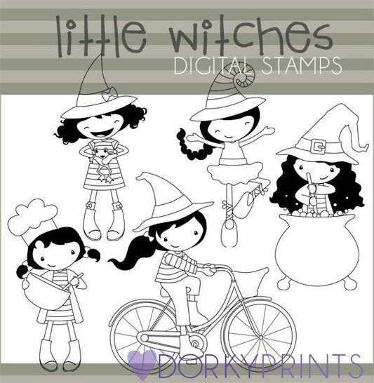 Little Witches Black Line Halloween Clipart