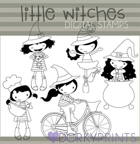 Little Witches Black Line Halloween Clipart