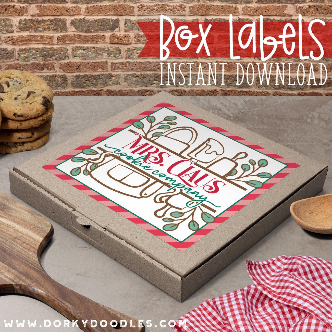 Mrs. Claus Christmas Cookie Labels for Mini Pizza Box and Gifts - Printables - Dorky Doodles
