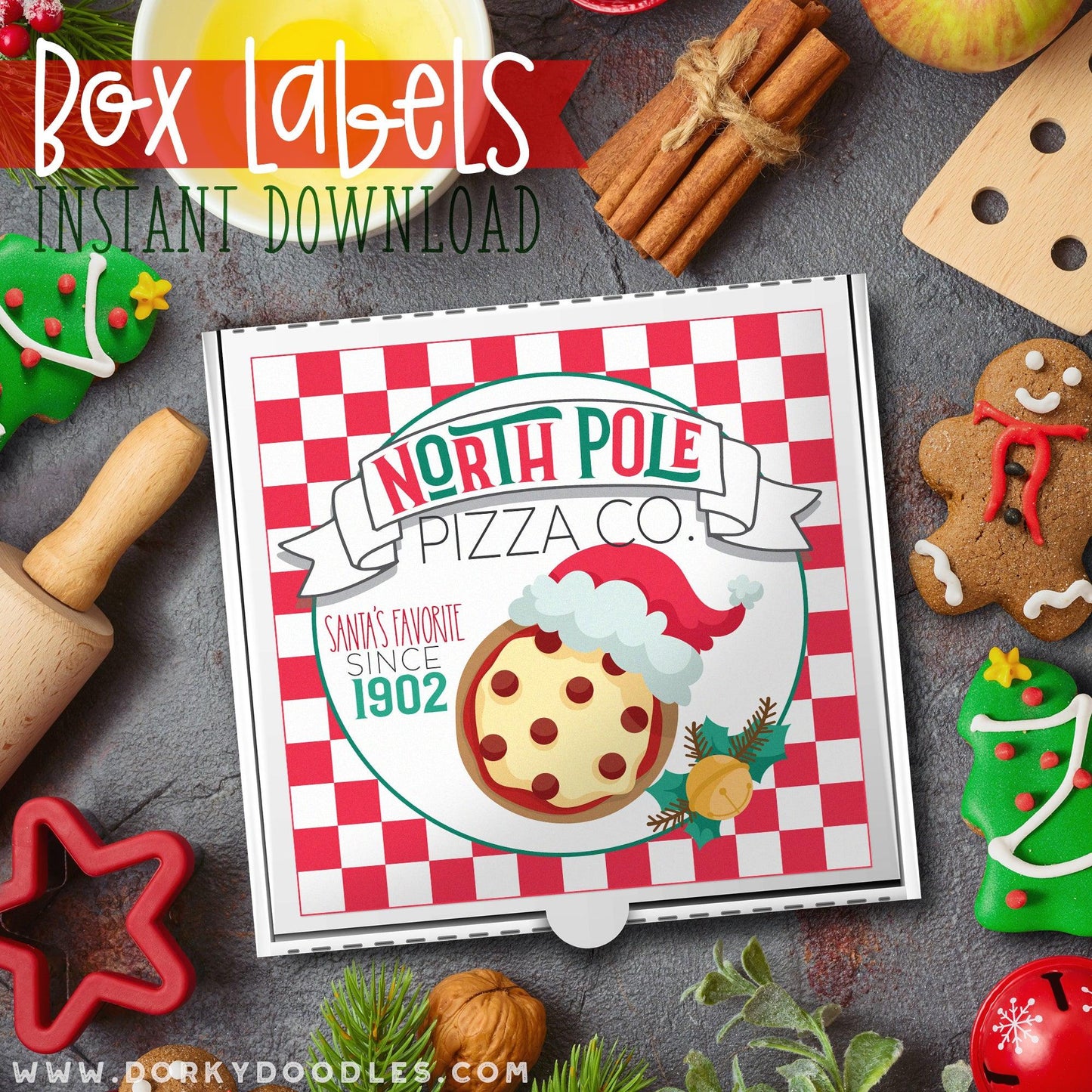 North Pole Christmas Labels for Mini Pizza Box and Gifts - Printables - Dorky Doodles