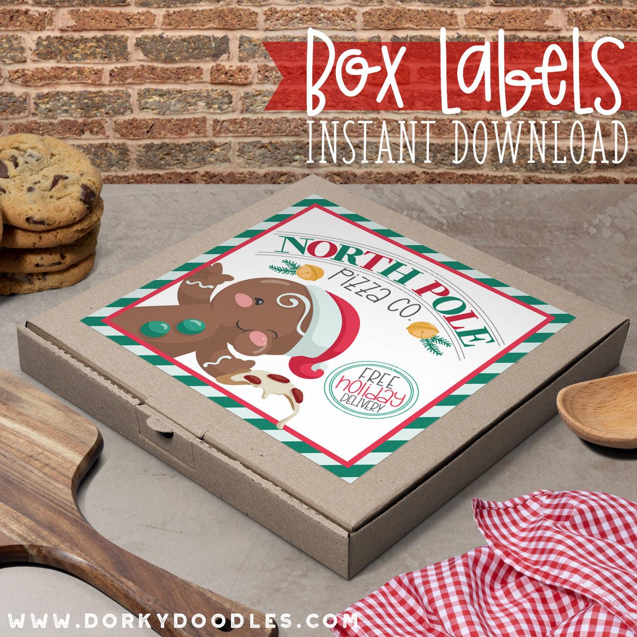 North Pole Pizza Christmas Labels for Mini Pizza Box and Gifts - Printables - Dorky Doodles