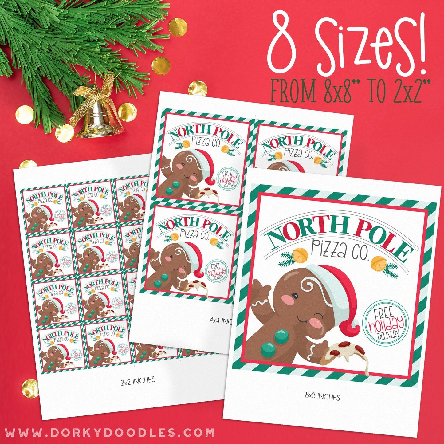 North Pole Pizza Christmas Labels for Mini Pizza Box and Gifts - Printables - Dorky Doodles