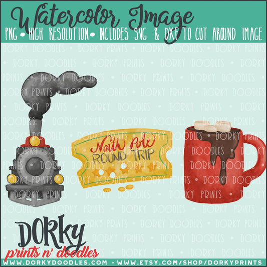 North Pole Train Trio Watercolor PNG