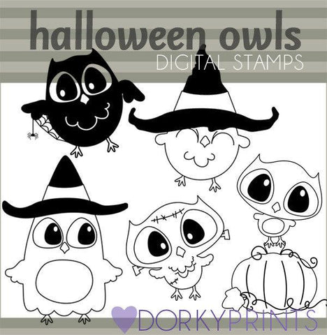 Owls Blackline Halloween Clipart