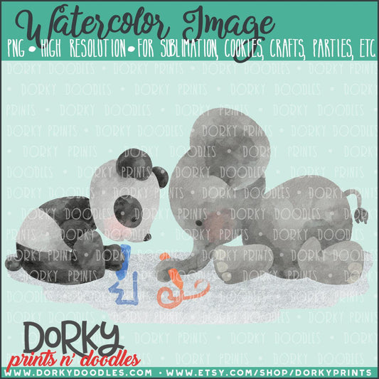 Panda and Elephant Watercolor PNG