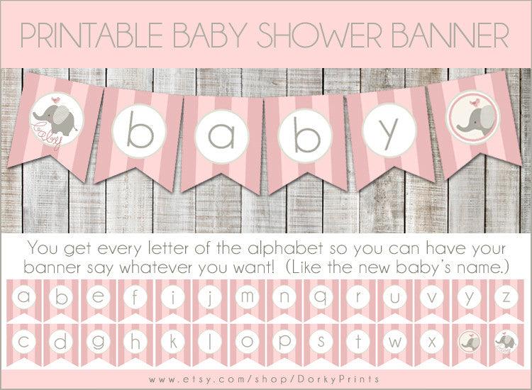 Pink Elephant Banner Baby Shower Printables – Dorky Doodles