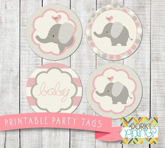 Pink Elephant Circle Tags Baby Shower Printables