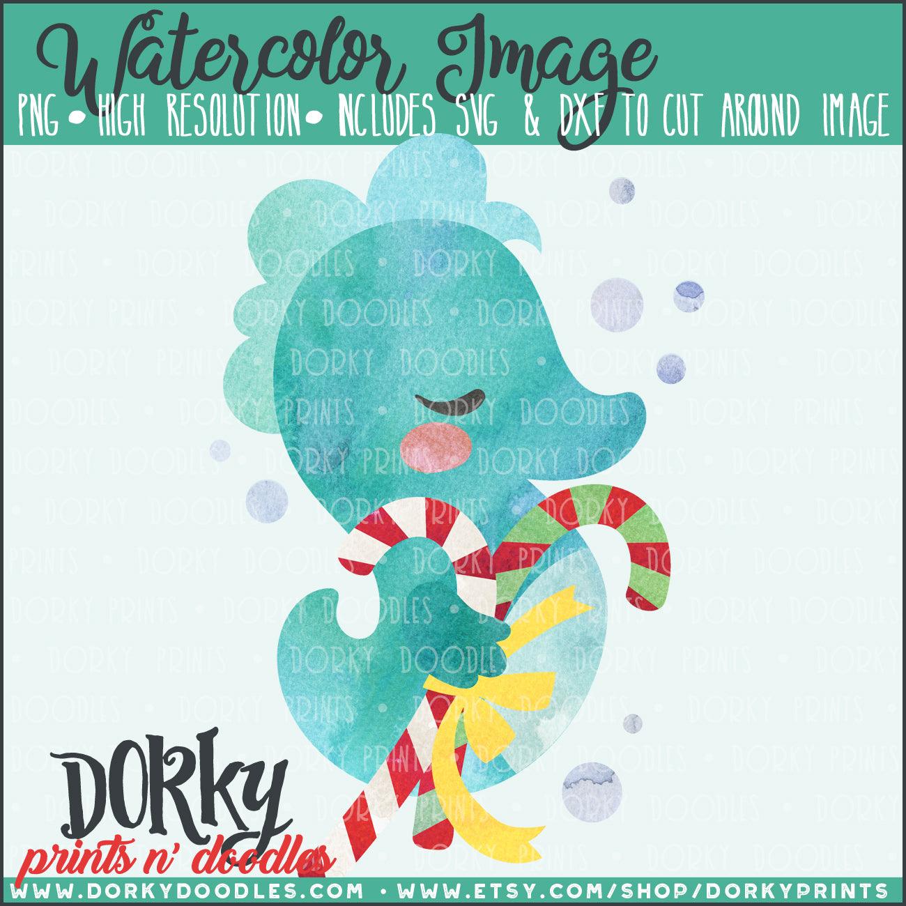 Seahorse with Candy Canes Watercolor PNG