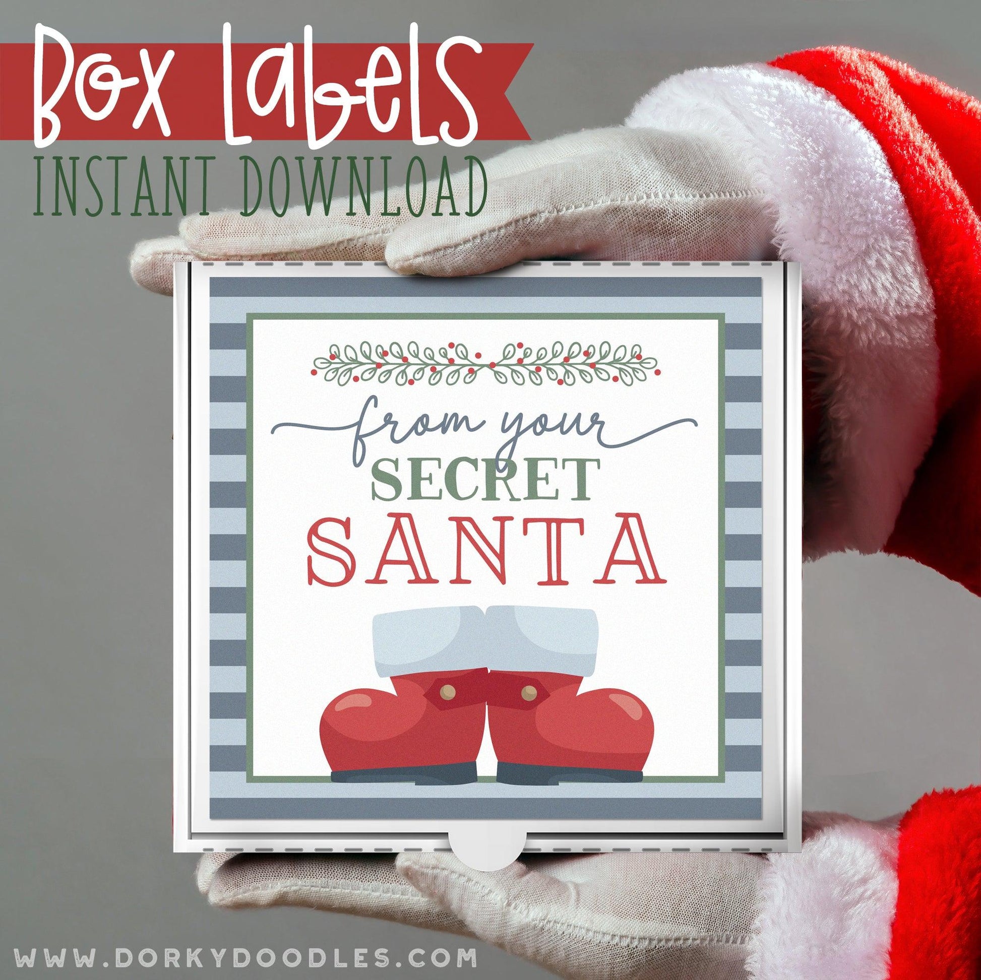 Secret Santa Christmas Labels for Mini Pizza Box and Gifts - Printables - Dorky Doodles