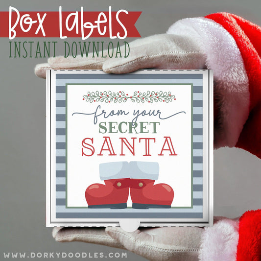 Secret Santa Christmas Labels for Mini Pizza Box and Gifts - Printables - Dorky Doodles