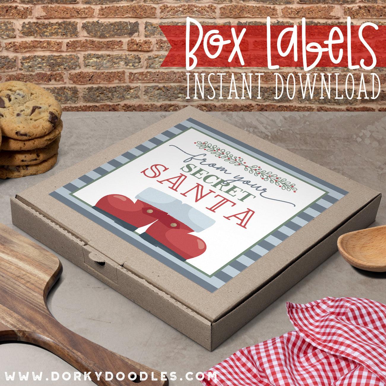 Secret Santa Christmas Labels for Mini Pizza Box and Gifts - Printables - Dorky Doodles