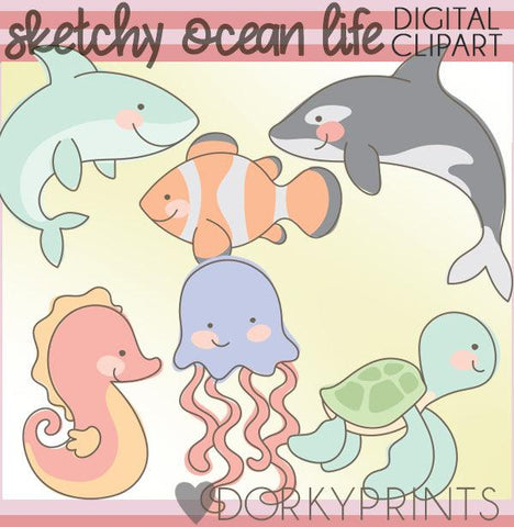 Sketchy Sea Creatures Summer Clipart