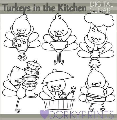 Turkeys in the Kitchen  Black Line Thanksgiving Clipart