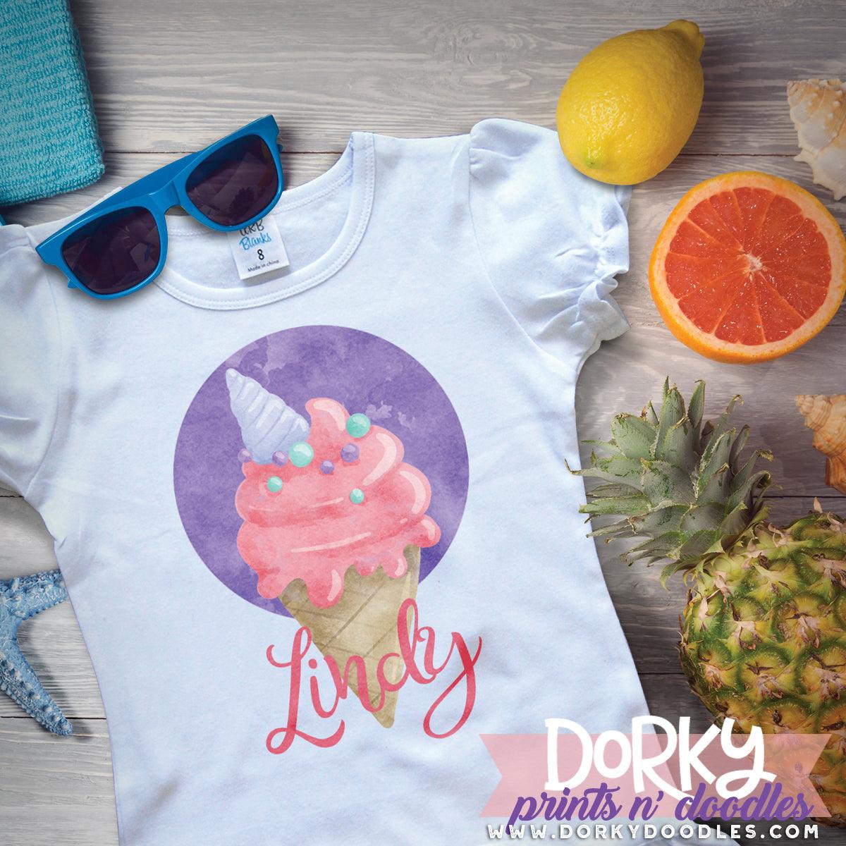 Unicorn Ice Cream Cone Watercolor PNG