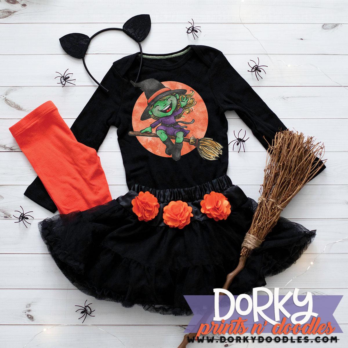 Witch on Broomstick Watercolor PNG