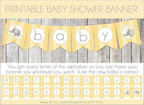 Yellow Elephant Banner Baby Shower Printables