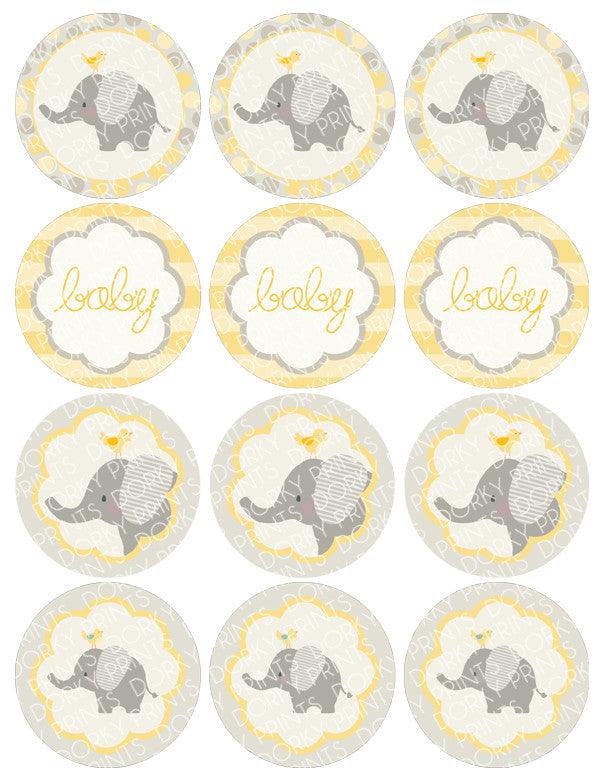 Yellow Elephant Circle Tags Baby Shower Printables