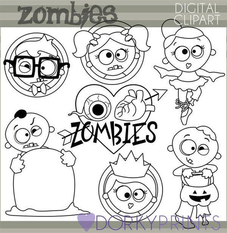 Zombies Black Line Halloween Clipart