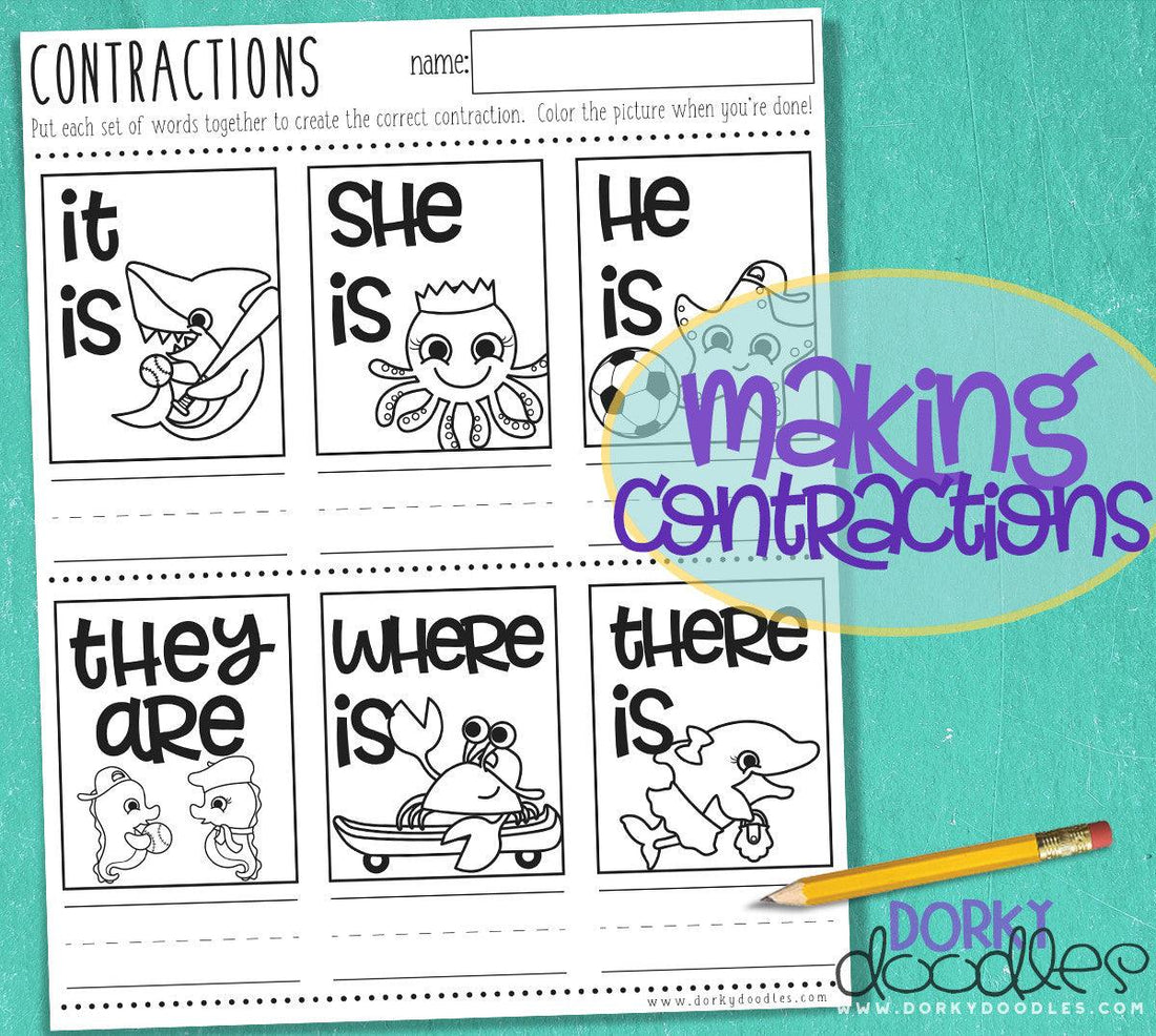 Contractions Printable Worksheet - Dorky Doodles