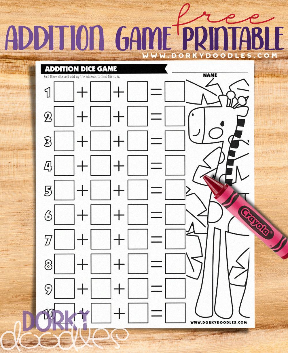 Dice Rolling and Addition Game with 3 Addends - Dorky Doodles