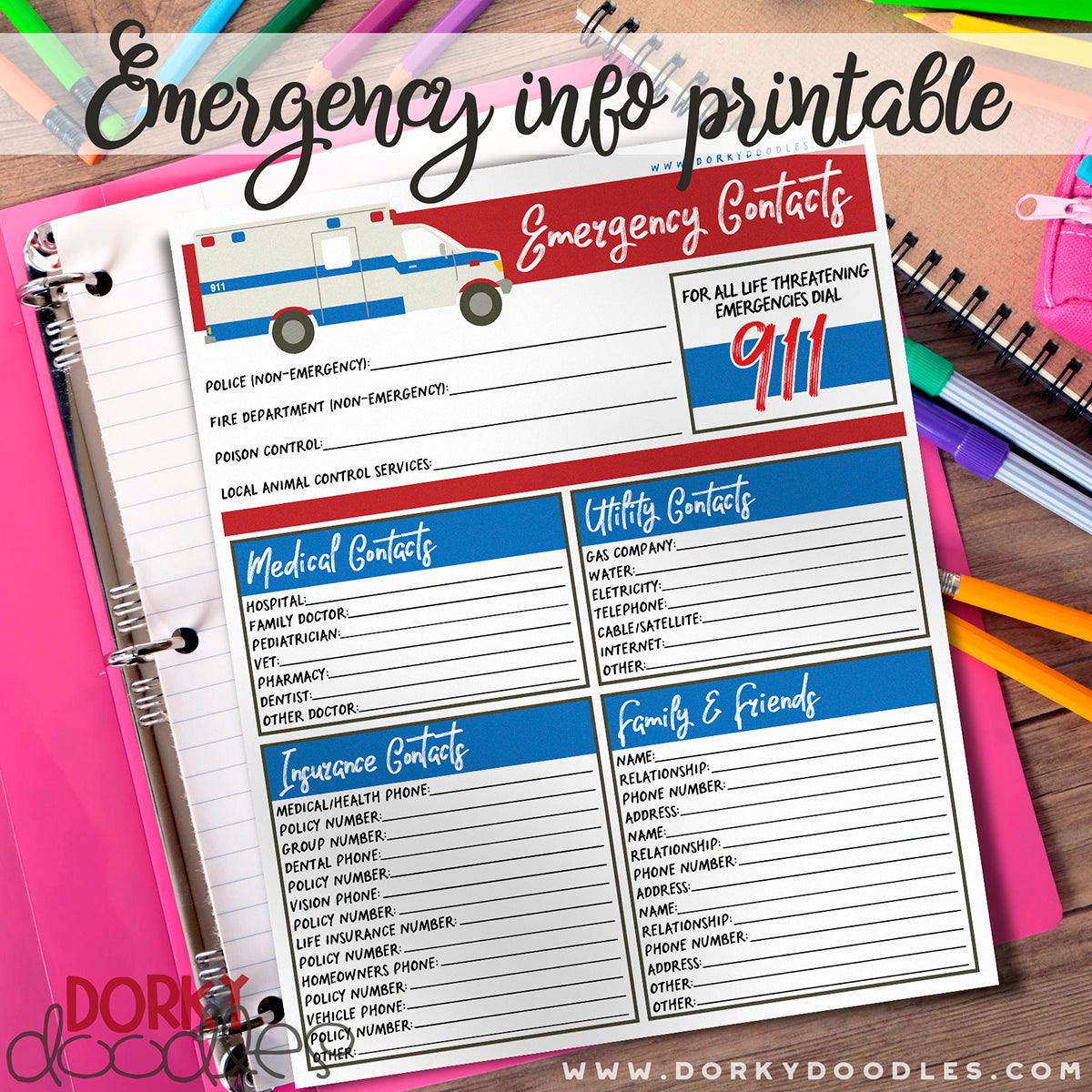 Emergency Information Printable – Dorky Doodles