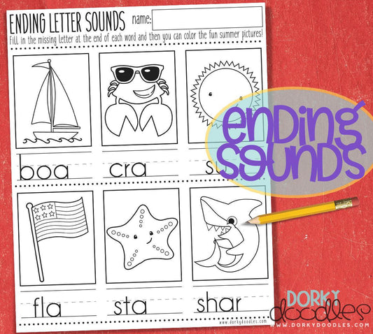 Ending Letter Sounds Printable Worksheet - Dorky Doodles