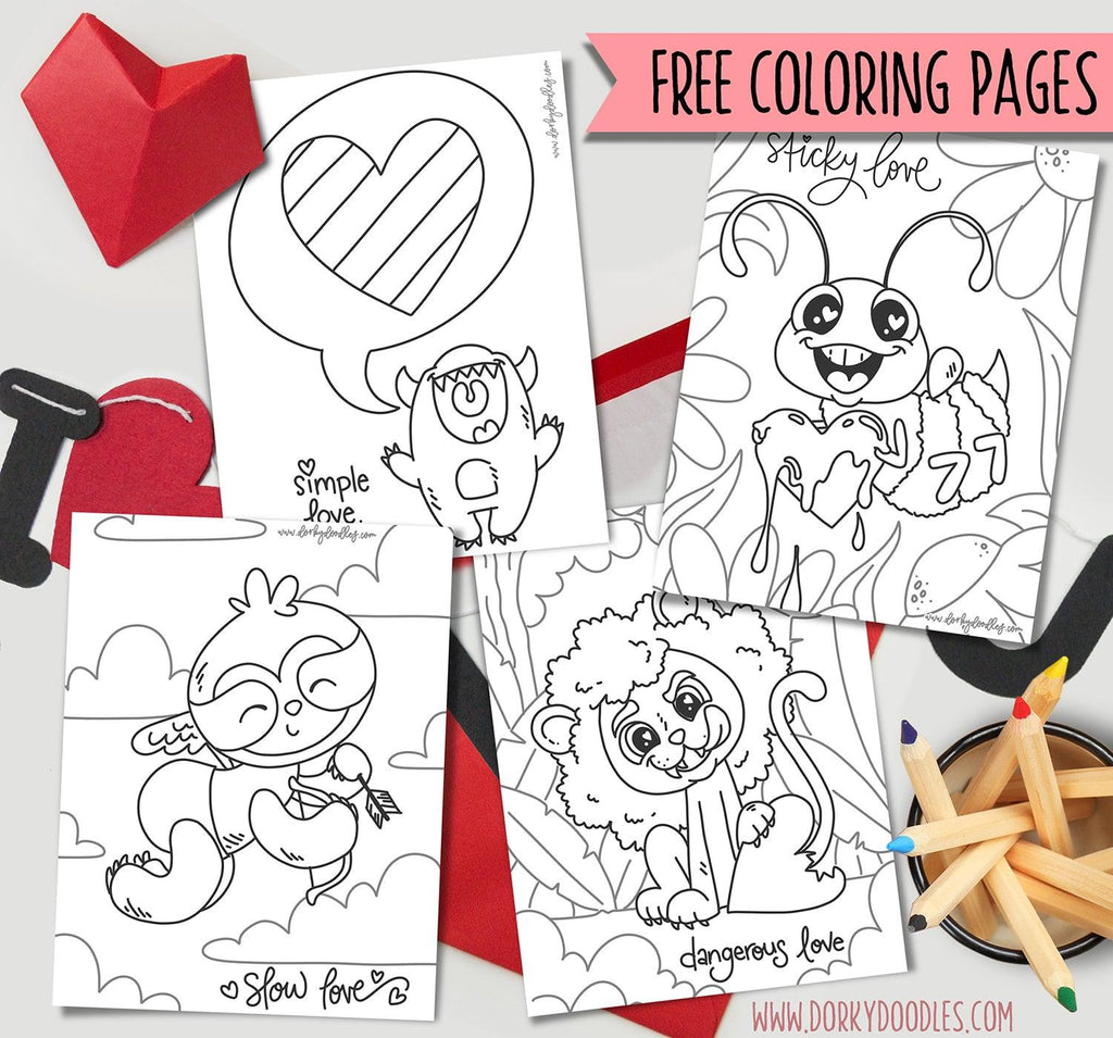 Four Adorable Valentine Coloring Pages for Kids and Adults