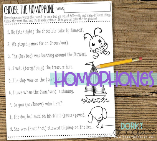 Homophones Worksheet Printable - Dorky Doodles