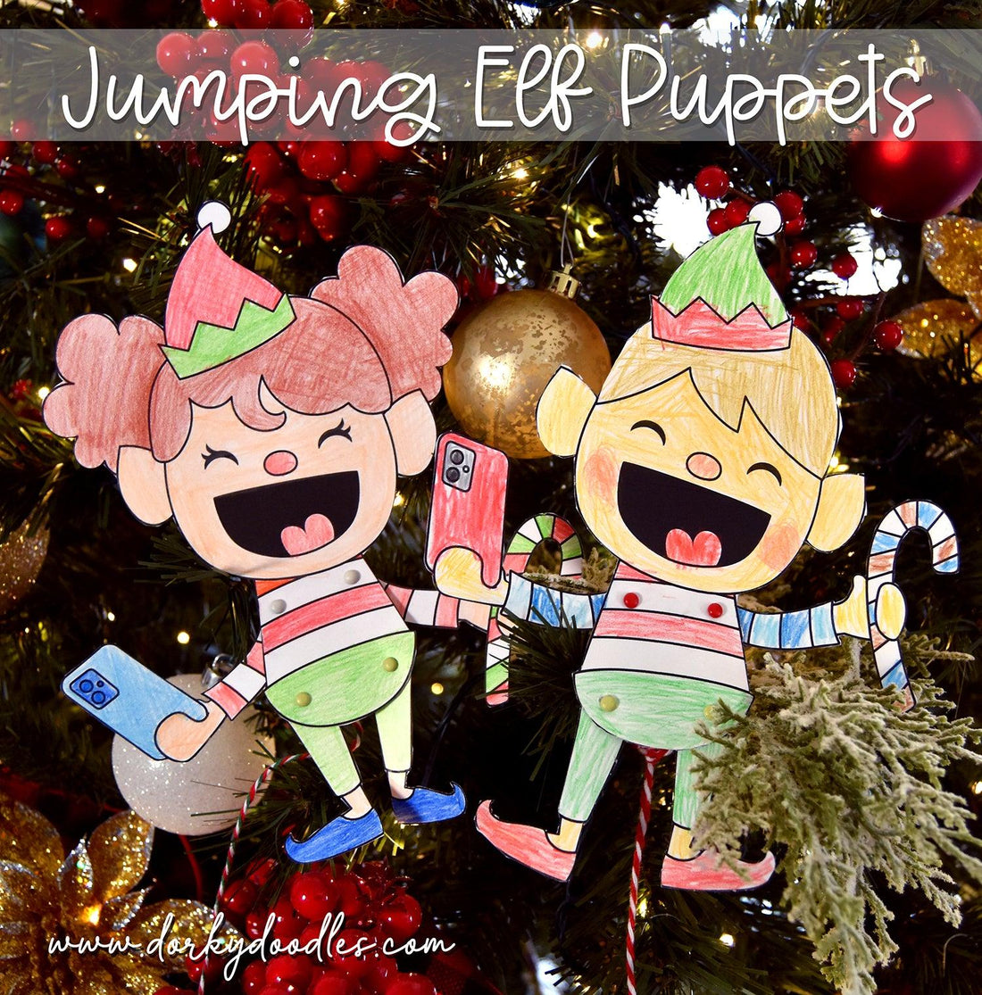 Jumping Elfie Puppet - Free Printable Christmas Craft for Kids - Dorky Doodles