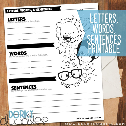Letters Words and Sentences Writing Practice - Dorky Doodles