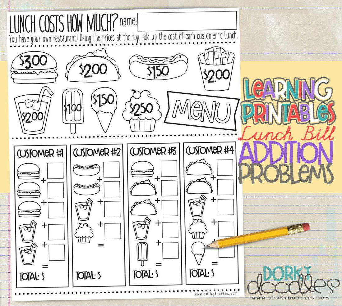 Money Math Practice - How Much Does Lunch Cost? - Dorky Doodles