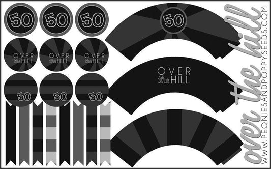 Over the Hill Party Pack: cupcakes and toppers - Dorky Doodles