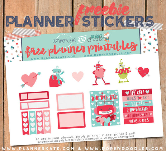 Robot Valentine Planner Stickers Freebie - Dorky Doodles