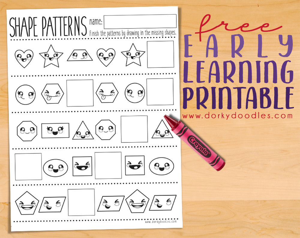 Shapes and Pattern Practice Printable Worksheet - Dorky Doodles