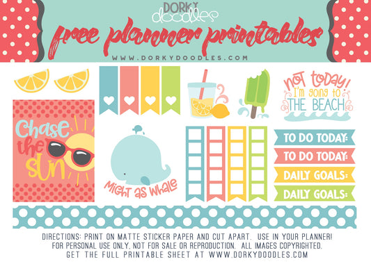 Silly Summer Planner Stickers Freebie - Dorky Doodles