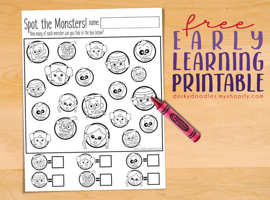 Spot the Monsters Counting Worksheet - Dorky Doodles