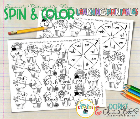 St Patrick's Day CVC Word Spinner Worksheets - Dorky Doodles