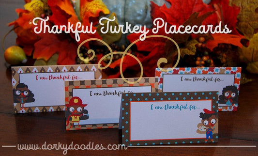 Thankful Turkey Printable Placecards - Dorky Doodles