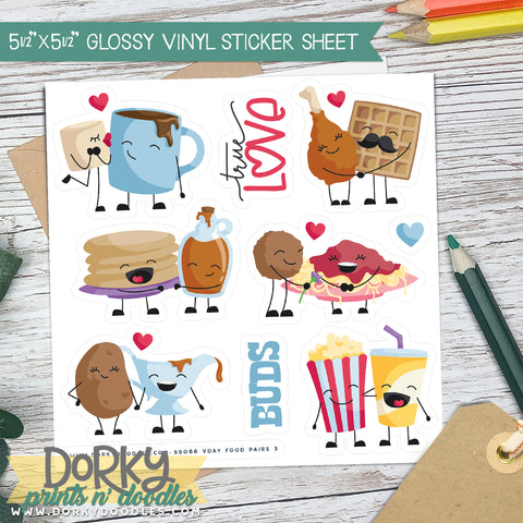Valentine Food Pairs Planner Stickers - Durable Vinyl 5.5"x5.5" Sticker Sheet