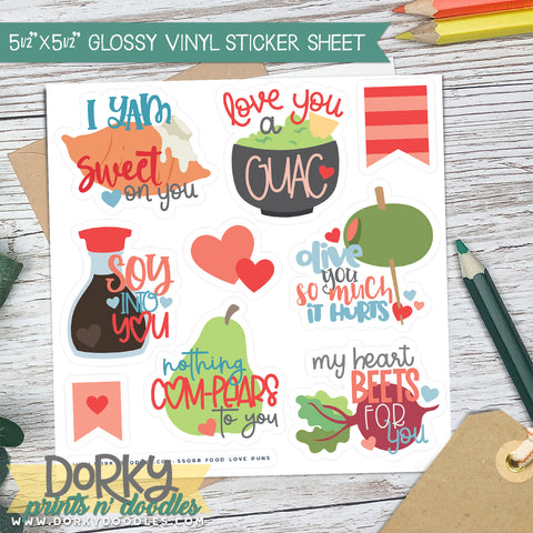 Valentine Food Puns Planner Stickers - Durable Vinyl 5.5"x5.5" Sticker Sheet