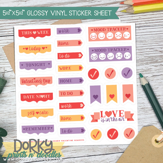 Valentine Planner Header Stickers - Durable Vinyl 5.5"x5.5" Sticker Sheet